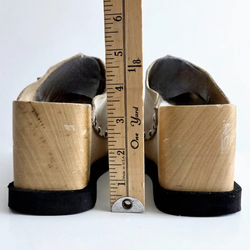 Thick Wood Platforms With Flower, Soft Floppy Leather Uppers & Silver Studs 7.5
